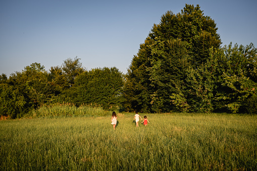 rear view of three children running in a vast green field towards trees