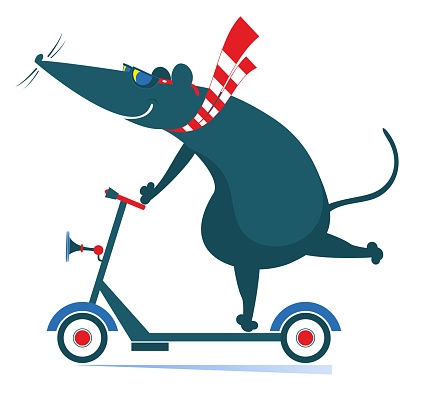 Cartoon rat or mouse rides on an ecologically clean urban vehicle