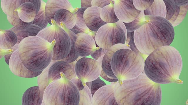 Figs in abstract explosion flying in different directions on a green background. Creative colorful food animation concept with fruits