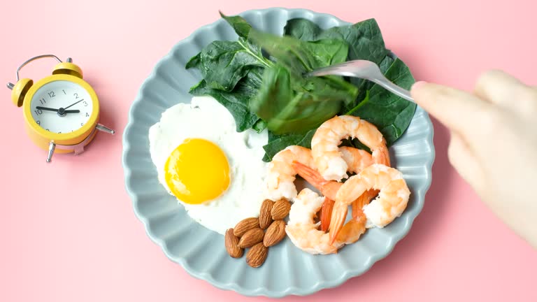 Female hand holds a fork next to plate of food and alarm clock, concept of a keto diet.