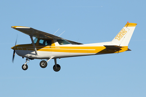 A privately owned Cessna 152 taking off from the Peachtree Dekalb (PDK) airport, Atlanta, GA.  February 2023.