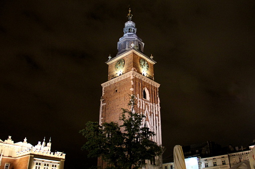 Town Hall Clock Tower at the Main Market Square, night view, Krakow, Poland