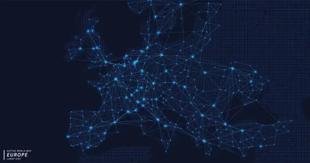 Vector illustration of A dot map that digitally represents the European network.