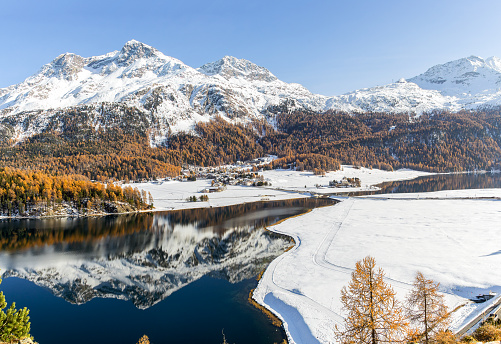 Panorama view of the Swiss Alps town Silvaplana between Lake Champfer and Lake Silvaplana in Grisons with snow mountain Corvatsch at the background