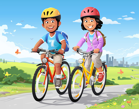 Vector illustration of a girl and a boy with cycling helmets and a backpack riding bikes in the countryside. In the background are hills, trees and bushes, a city skyline, and a bright blue cloudy sky. Part of a series.