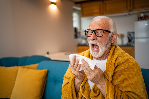 An elderly man sneezes, has a cold or flu, or is allergic to pollen, he is at home in the living room and blows his nose into a tissue.