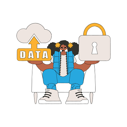 Girl with cloud and padlock . secure data storage.