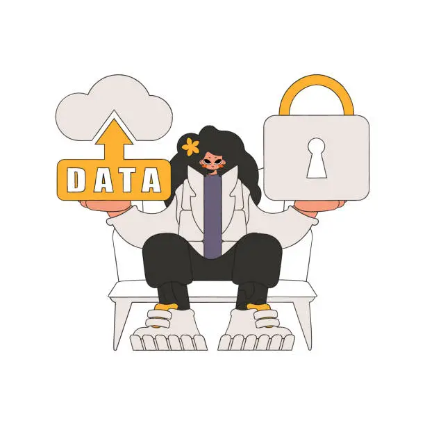 Vector illustration of Girl has secure cloud storage with padlock.