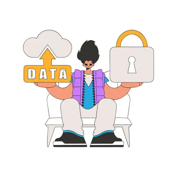 Vector illustration of He had a cloud and a padlock secured to it.