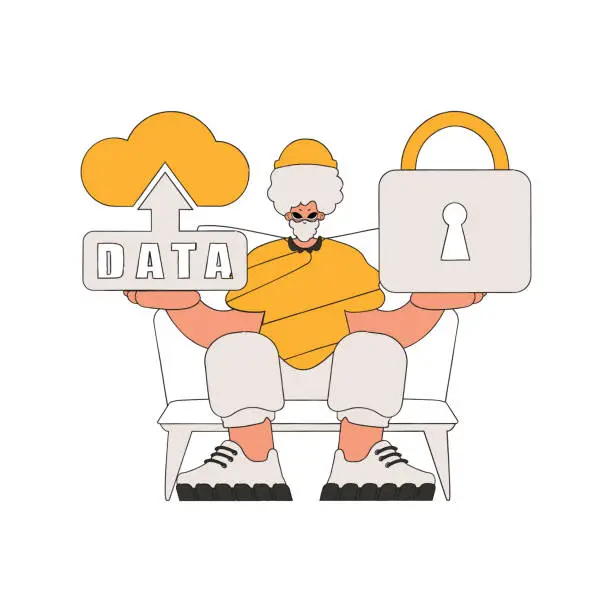 Vector illustration of Person with cloud storage and padlock symbolizing data safety.