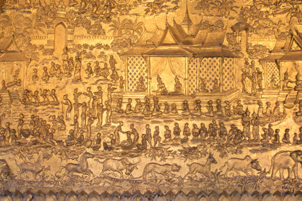 istock The front wall of the chapel is decorated with lacquer images. illuminated brass closure is the story of the monk The Vessantara Jataka below is a picture of a kind of animal. 1475456815
