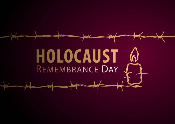 Holocaust Candle Barbed Wire Remembering the holocaust tragedy of Jews for the Holocaust Remembrance Day that occurred during the Second World War with candle made from barded wire on the red background nazism stock illustrations