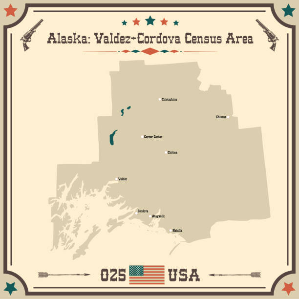 Large and accurate map of Valdez-Cordova, Alaska, USA with vintage colors.