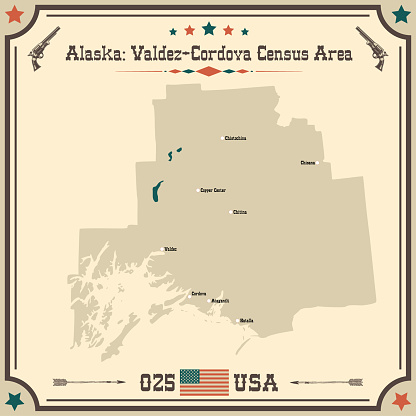 Large and accurate map of Valdez-Cordova, Alaska, USA with vintage colors.