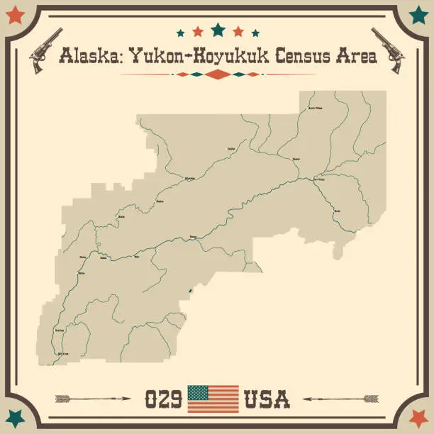 Vector illustration of Vintage map of Yukon-Koyukuk Census Area in Alaska, USA.