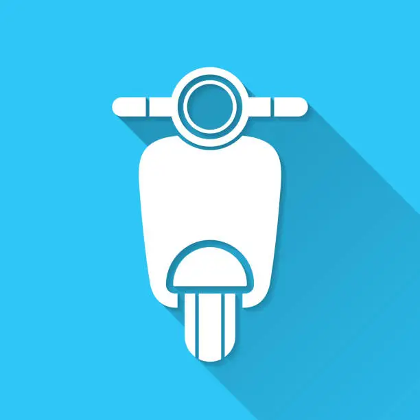Vector illustration of Scooter motorcycle - front view. Icon on blue background - Flat Design with Long Shadow