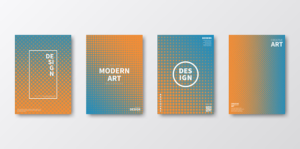 Set of four vertical brochure templates with modern and trendy backgrounds, isolated on blank background. Halftone illustrations with a lot of dots and beautiful color gradient (colors used: Orange, Beige, Brown, Blue). Can be used for different designs, such as brochure, cover design, magazine, business annual report, flyer, leaflet, presentations... Template for your own design, with space for your text. The layers are named to facilitate your customization. Vector Illustration (EPS file, well layered and grouped). Easy to edit, manipulate, resize or colorize. Vector and Jpeg file of different sizes.