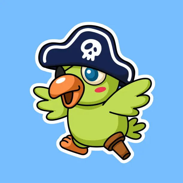 Vector illustration of Cute Pirate Parrot Cartoon Character In Sticker Style Premium Vector Graphic Asset