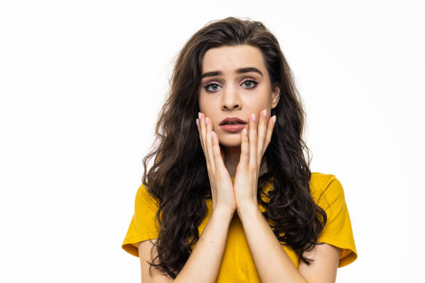 istock Surprised happy woman looking sideways in excitement, isolated on white background 1475465237