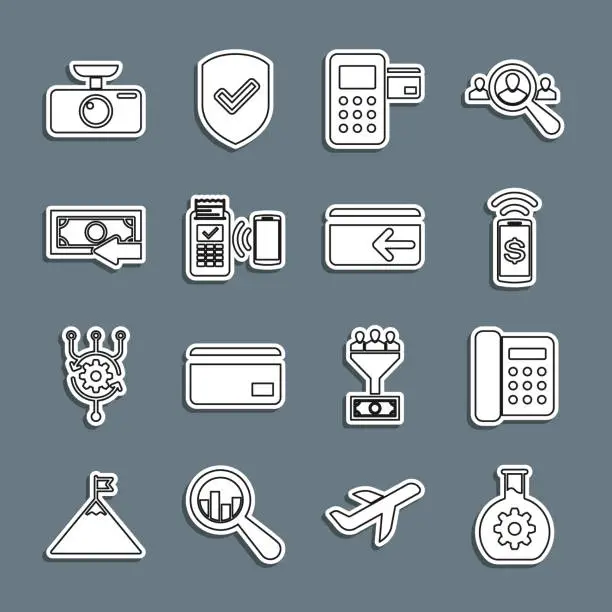 Vector illustration of Set line Bioengineering, Telephone, Contactless payment, Pos terminal, POS, Cash back, Car DVR and icon. Vector