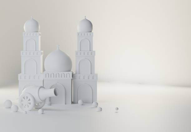 istock 3d render Islamic decoration background with cannon crescent mosque arabic lantern cartoon style, ramadan kareem, mawlid, iftar, isra miraj, eid al fitr adha, muharram, copy space text 1475465418