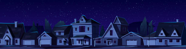 istock Suburban town street with dark houses at night 1475465702