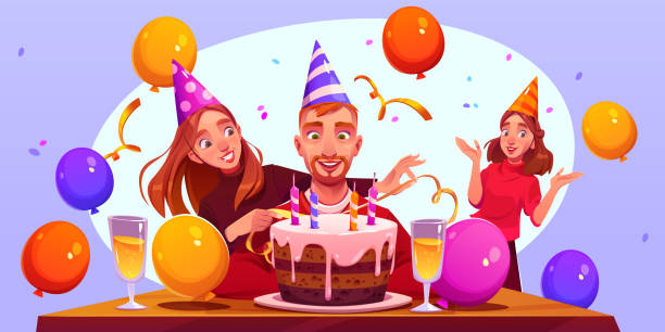 illustrazioni stock, clip art, cartoni animati e icone di tendenza di festa di compleanno con persone felici in festa, torta - champagne flute jubilee champagne wine