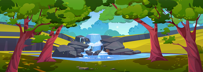 Summer forest landscape with waterfall. Vector cartoon illustration of sunny park with water stream flowing down rocky stone cascade, green grass and ancient trees. Beautiful natural background