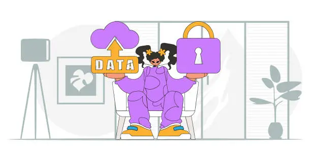 Vector illustration of .A modern, vector.style girl with a cloud storage padlock.