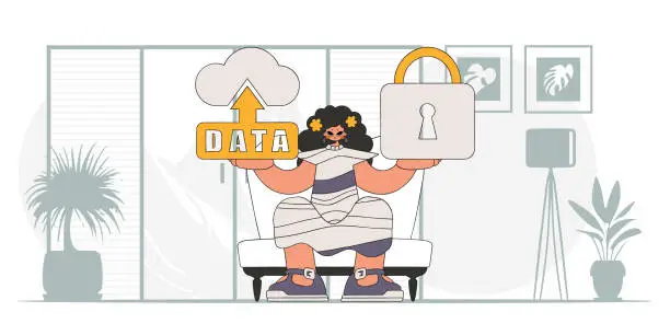 Vector illustration of Girl with a padlock, vector illustration in modern character style, secure cloud storage.