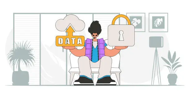 Vector illustration of Modern vector style character of a man with a padlock and cloud storage.