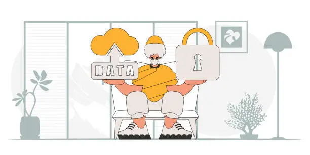 Vector illustration of Modern vector.style character depicting a man with a cloud storage padlock.