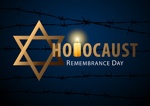 The commemoration of Holocaust Remembrance Day, remembering the holocaust tragedy of Jews that occurred during the Second World War with candle igniting the blue background with Star of David and barbed wire