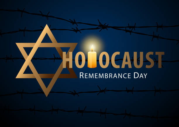 Commemorating the Holocaust The commemoration of Holocaust Remembrance Day, remembering the holocaust tragedy of Jews that occurred during the Second World War with candle igniting the blue background with Star of David and barbed wire nazism stock illustrations