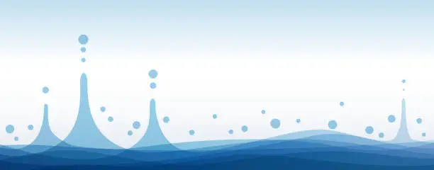 Vector illustration of Splash abstract background. Rain falling on the water of the sea, a lake or a puddle. Boiling or thermal water. Vector banner in blue