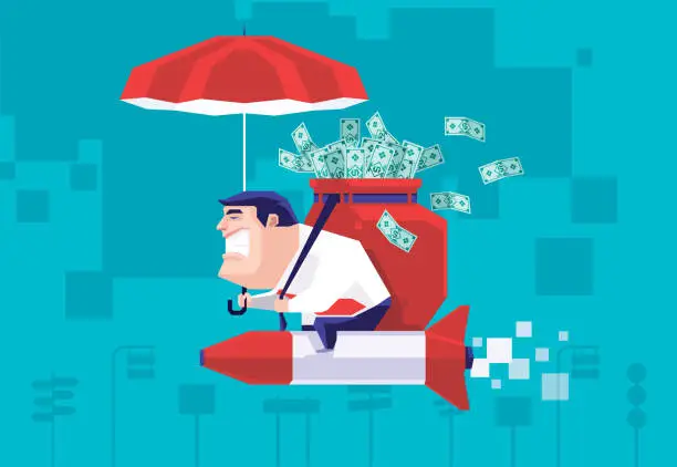 Vector illustration of businessman holding sack of banknotes and umbrella and riding rocket