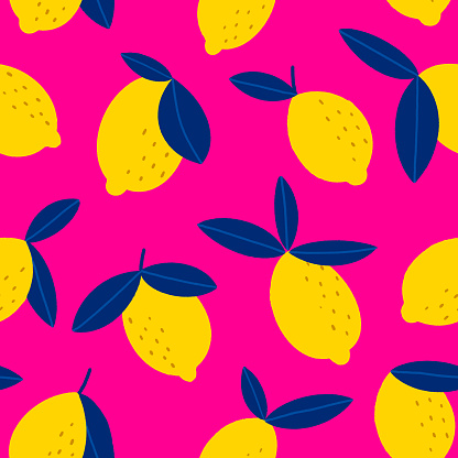 Lemon seamless pattern. Yellow blight fruits on magenta pink background. Colorful high contrast summer print for kitchen textile. Vector illustration with textured lines.