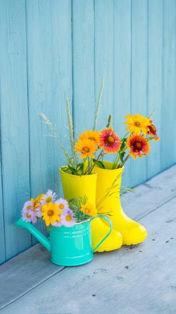 istock Yellow boots and green watering can with flowers. 1475470434