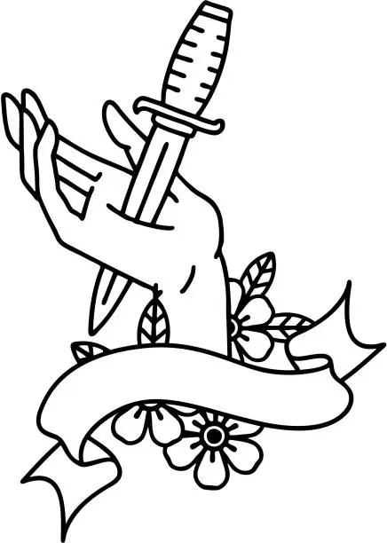 Vector illustration of traditional black linework tattoo with banner of a dagger in the hand