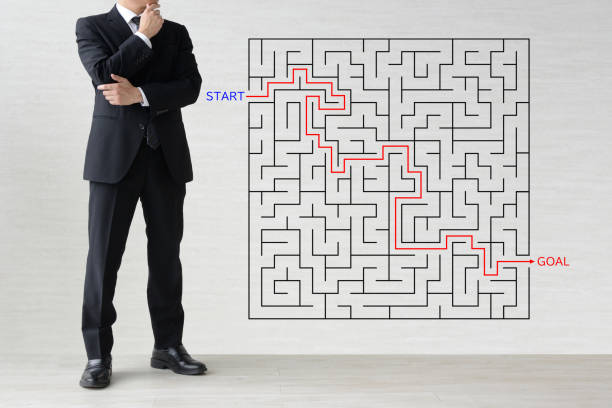 Thinking business man and maze with START and GOAL words