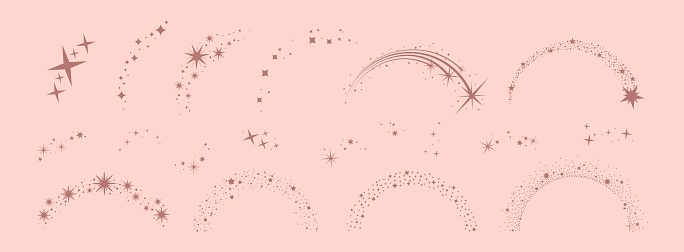 Stars arch, star compositions graphic art. Shiny elements, starry and dots silhouettes. Comets and abstract constellations, retro celestial vector set of star arch line shape illustration