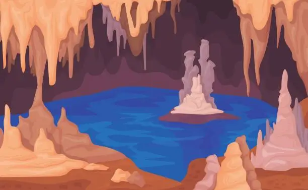 Vector illustration of Stalagmite cave. Dark cavern inside cartoon background with stalagmites stalactites, natural limestone ceiling and floor underground stone scary caves game neat vector illustration