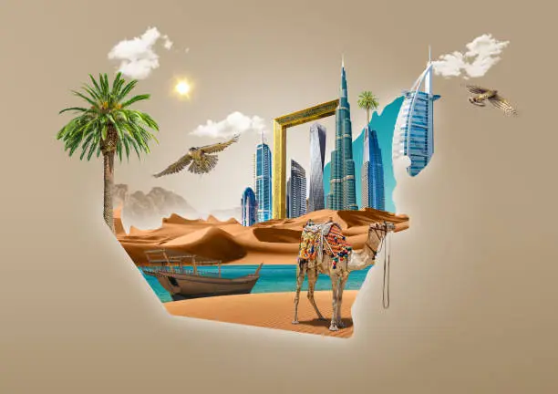 Photo of Map of UAE with skyline and landscape, Dubai buildings 3d illustration, Arabic culture. palm trees on background isolated. travel banner design.
