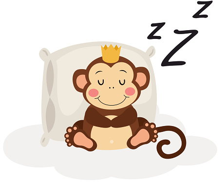 Scalable vectorial representing a adorable monkey with a crown on his head sleeping, element for design, illustration isolated on white background.