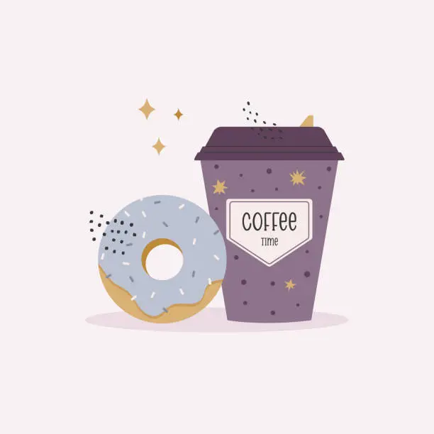 Vector illustration of Vector illustration of tasty donut and coffee to go. Goog morning, delicious breakfast concept