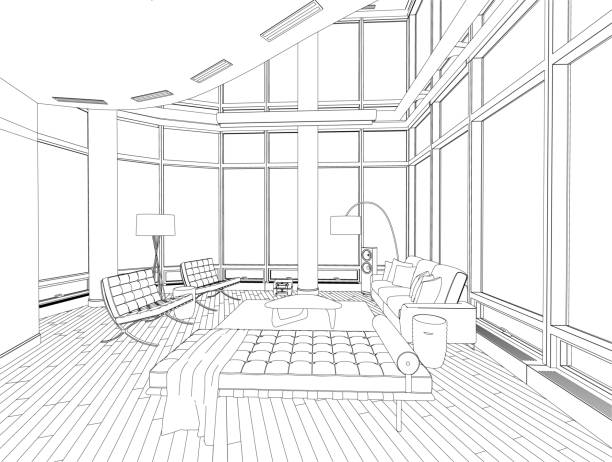 istock Outline of the interior with large windows with a sofa, armchairs, a table and other black lines isolated on a white background. Vector illustration. 1475484636
