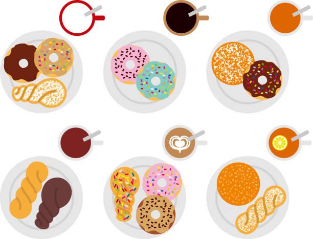 도넛 및 뜨거운 음료 p - black tea dishware plate cup stock illustrations