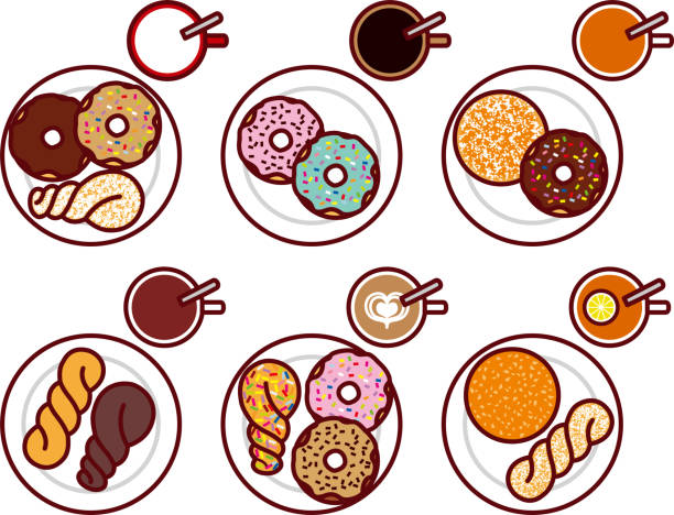 도넛과 뜨거운 음료 - black tea dishware plate cup stock illustrations