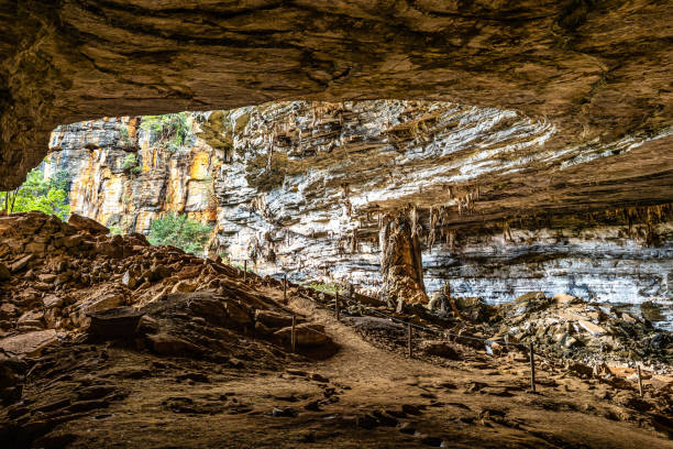 Limestone cave of stalactite and stalagmite formations, Gruta da Lapa Doce Cave, Chapada Diamantina in Bahia, Brazil. stock photo