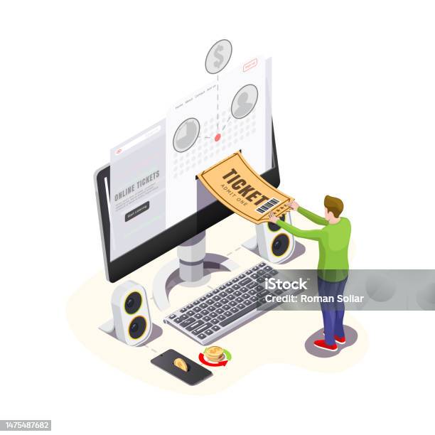 1 Computer One Ticket The Young Guy Doing An Online Ticket Purchase On A Computer Vector ...